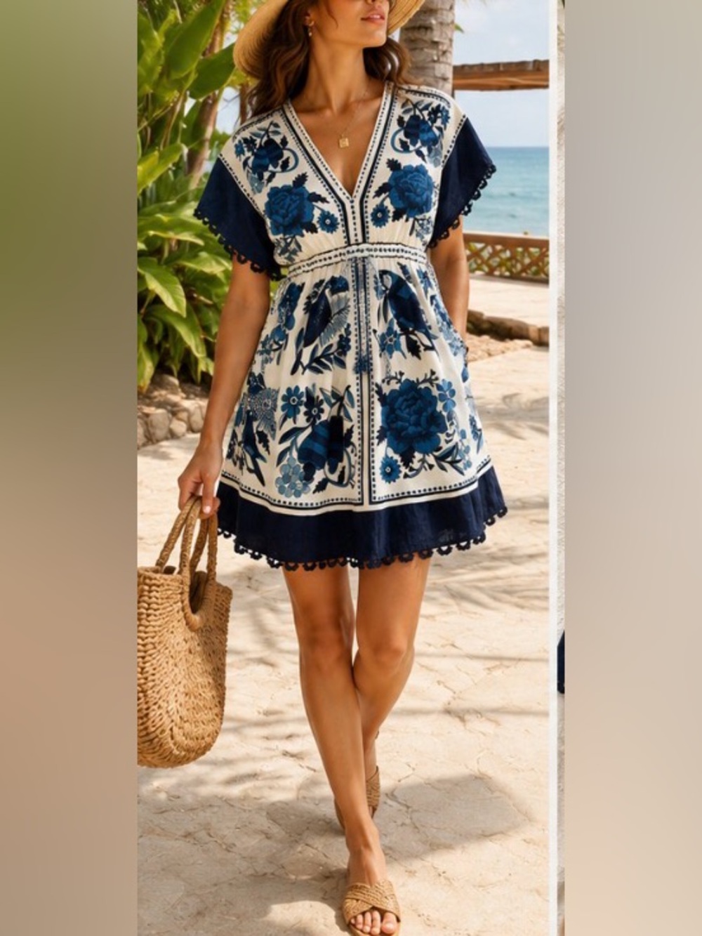 Farm Rio tropical blue white bird floral block print mini dress tassels Resort M - Picture 2 of 9